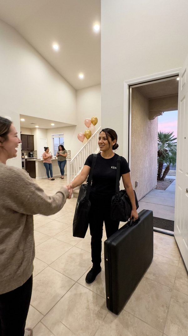 KEN therapist arriving at the front door with her massage chair and bag