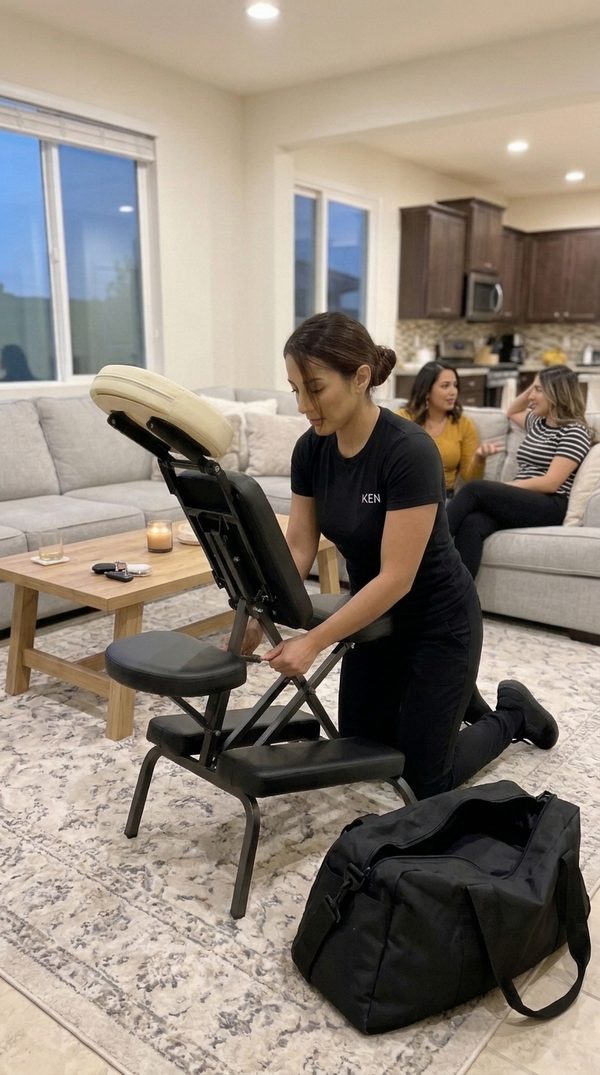 Therapist setting up a massage chair in the living room