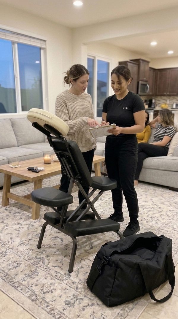 Host and therapist checking the guest sign-up sheet